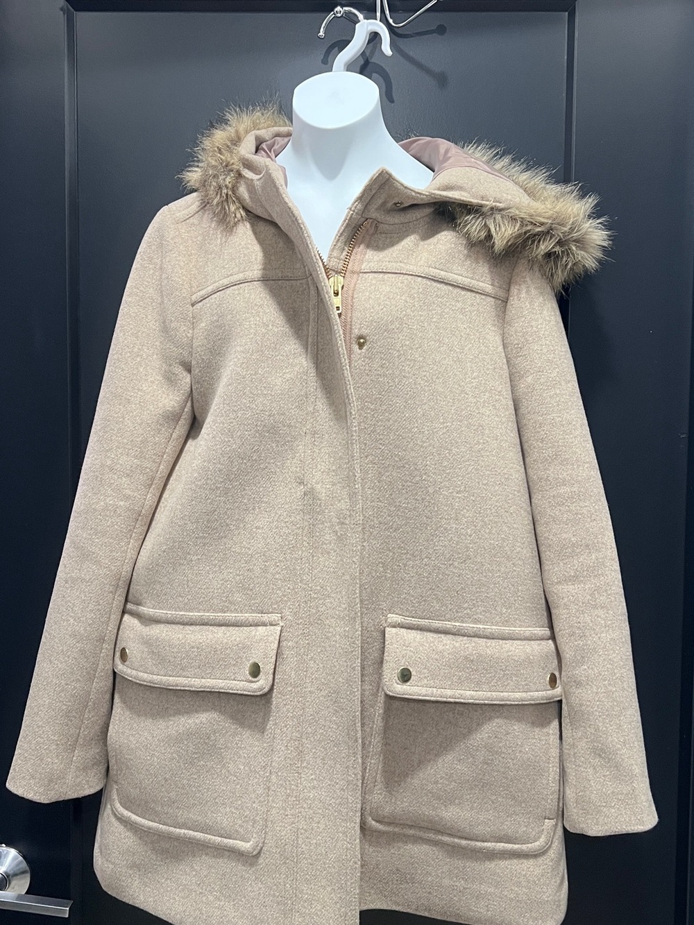 J. Crew Light Beige Hooded Trench Coat with Faux Fur Trim